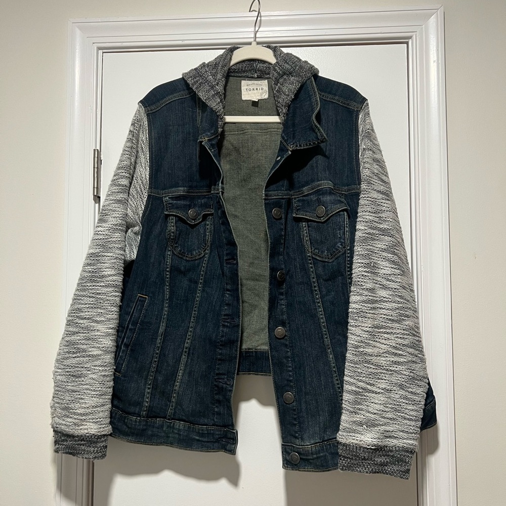 Hooded Torrid Blue Denim and Knit Jacket with Gray Sleeves